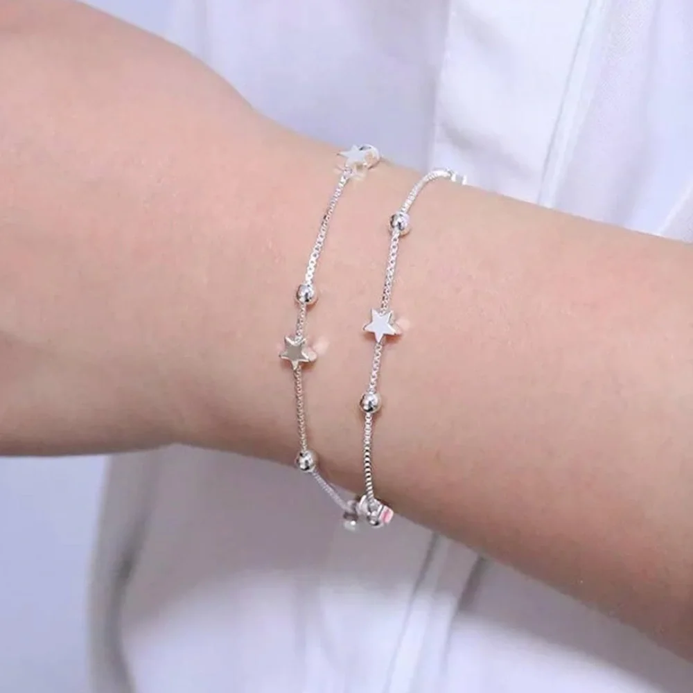 925 Sterling Silver  Double Star and Bead Charm Bracelet